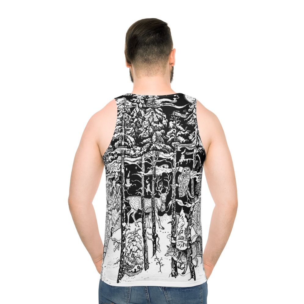 Unisex winter forest tank top with a scandinavian-inspired nature design - men back