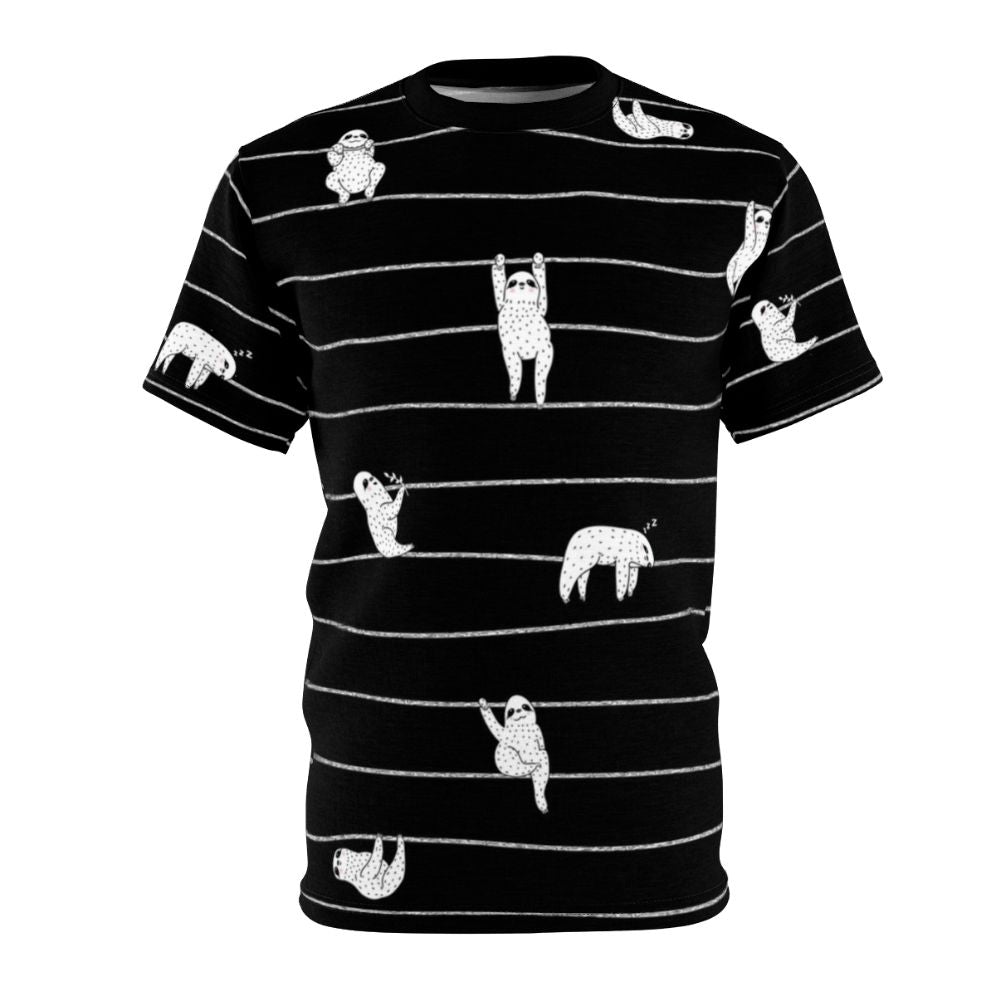 Sloth design printed on a white t-shirt with stripe pattern