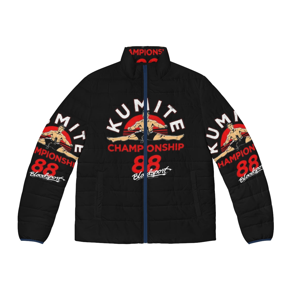 Kumite Championship 88 Puffer Jacket featuring Jean Claude Van Damme in 80s action movie