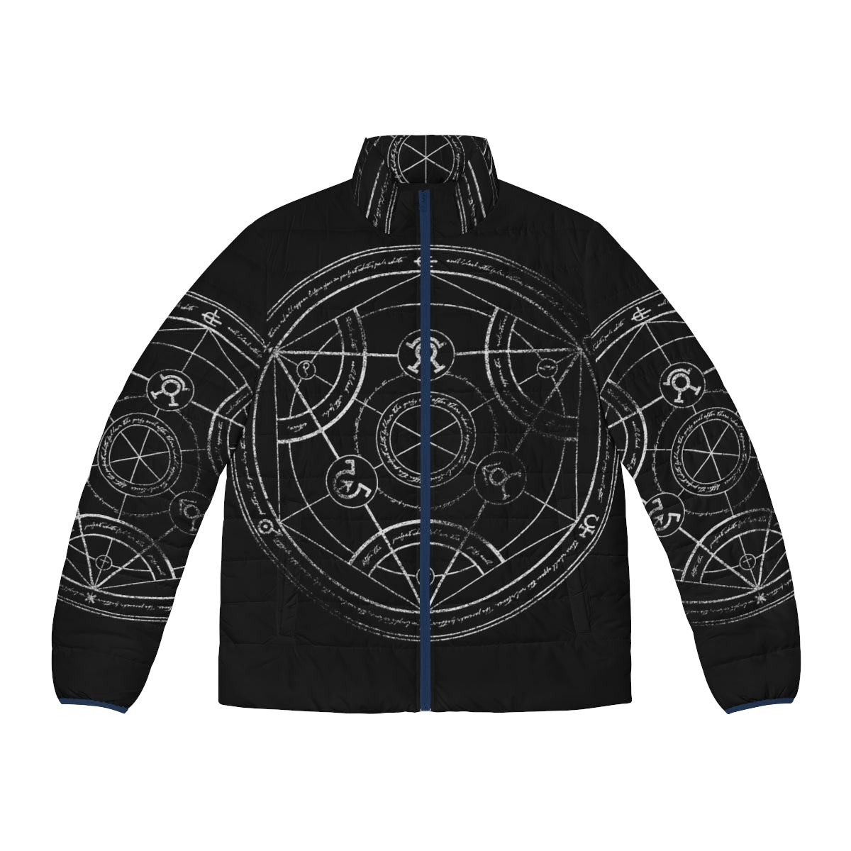 Fullmetal Alchemist inspired puffer jacket with hand-drawn human transmutation circle