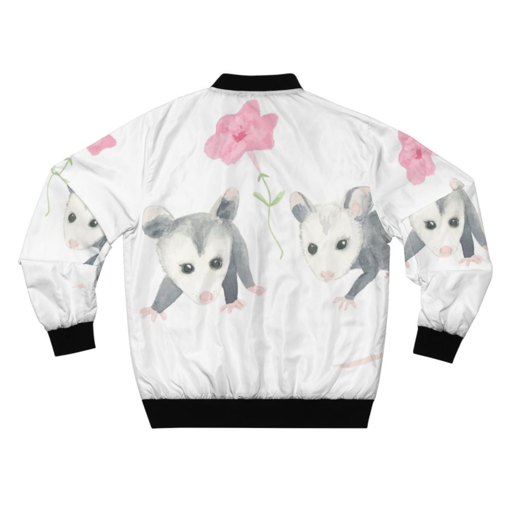 Bomber jacket with a cute baby opossum and pink petunias design - Back