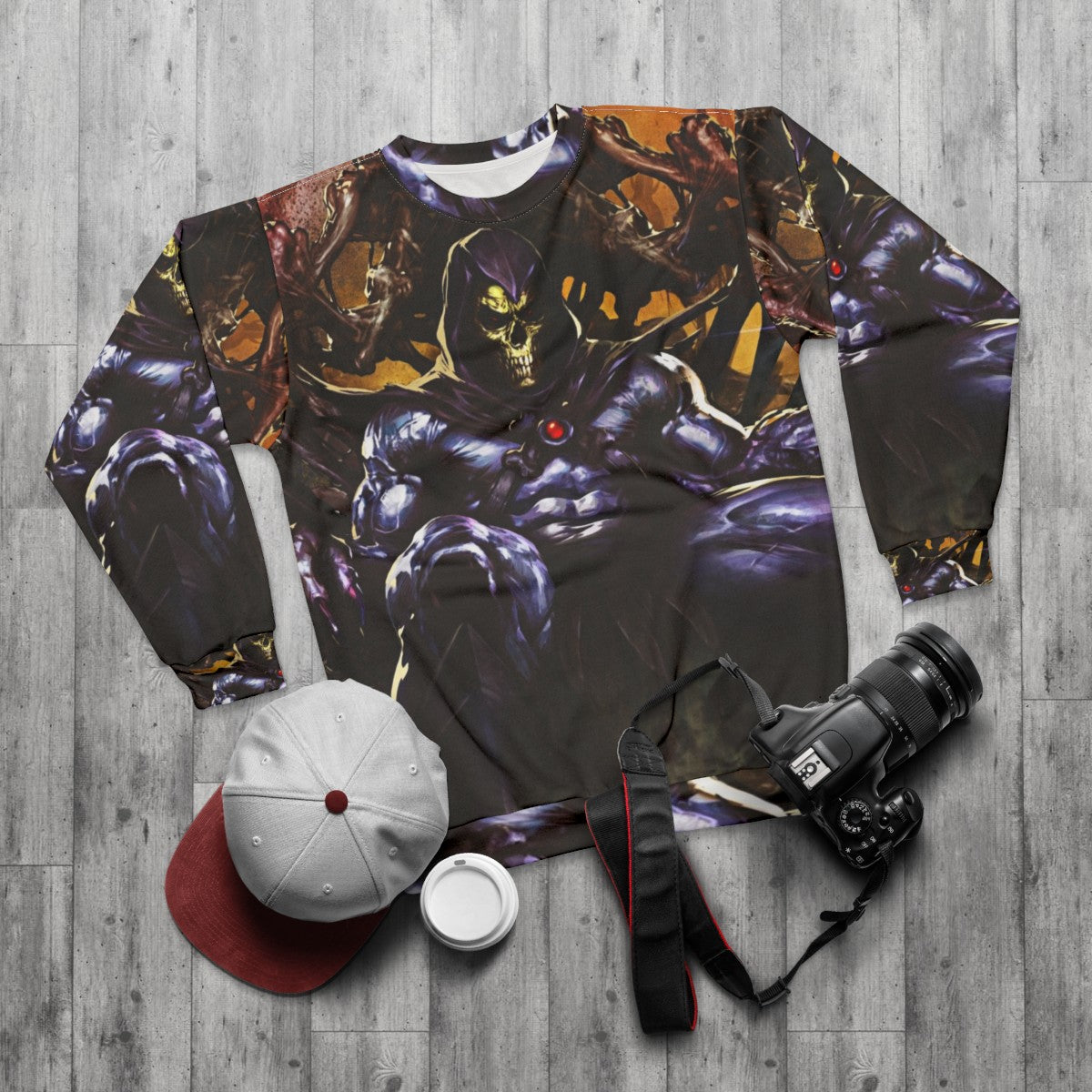 Vintage Skeletor graphic on a comfortable sweatshirt - flat lay