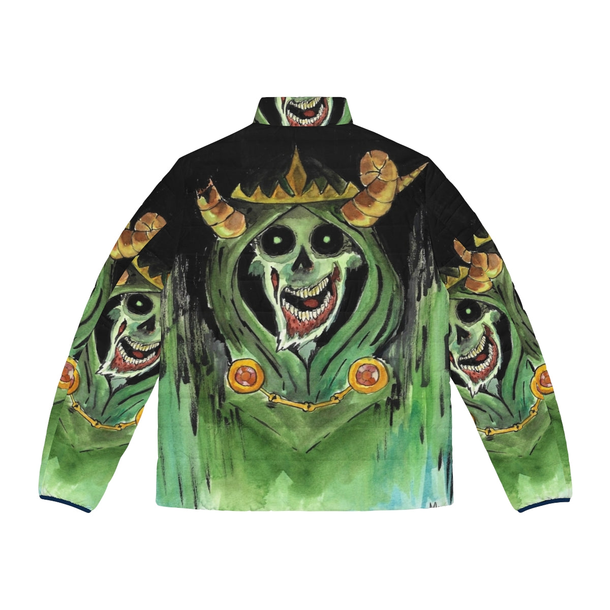 A puffer jacket with a lich or undead skull design, perfect for horror and fantasy enthusiasts - Back