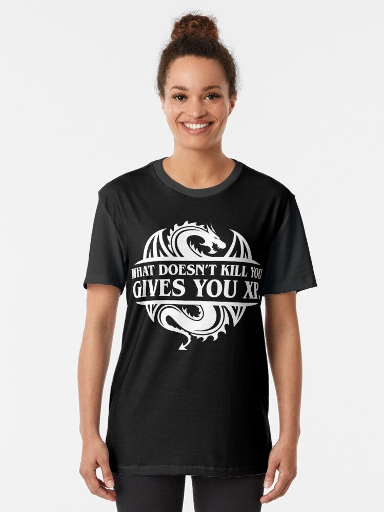 Dungeons and Dragons themed t-shirt with the text "What Doesn't Kill You Gives You XP" and fantasy gaming elements. - Women