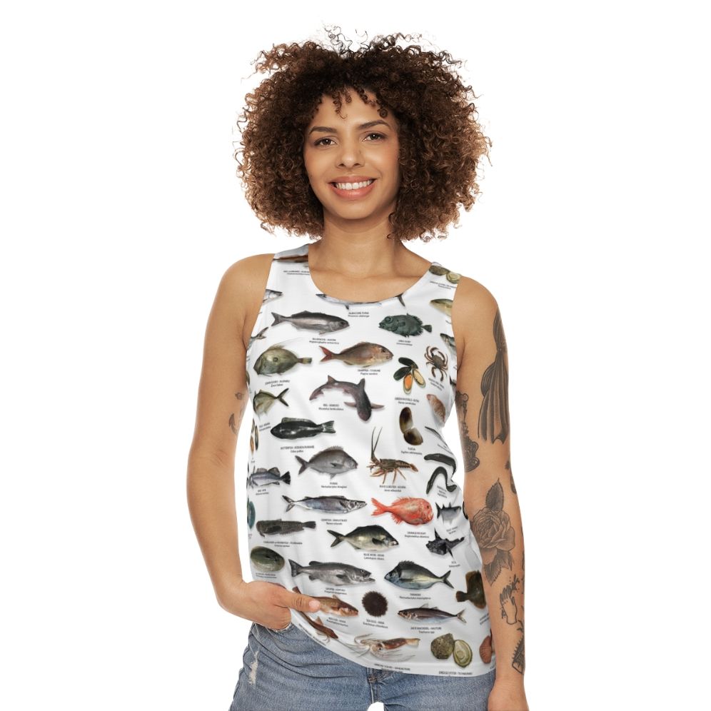 Unisex tank top featuring New Zealand fish species design - women