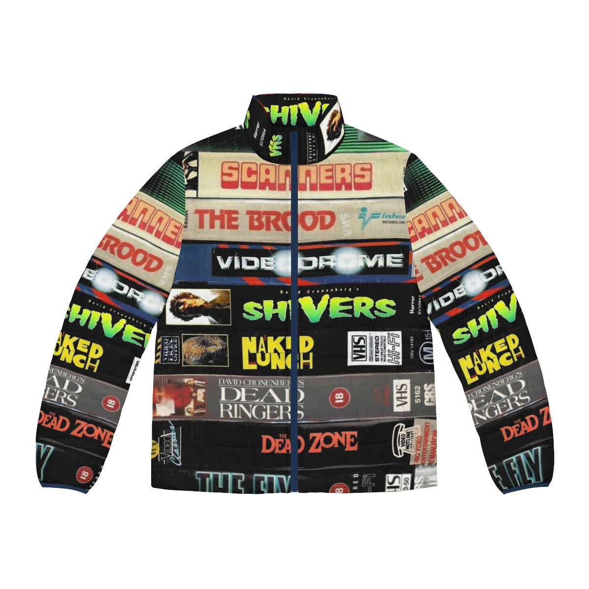 Cronenberg VHS collection puffer jacket featuring vintage horror movie graphics