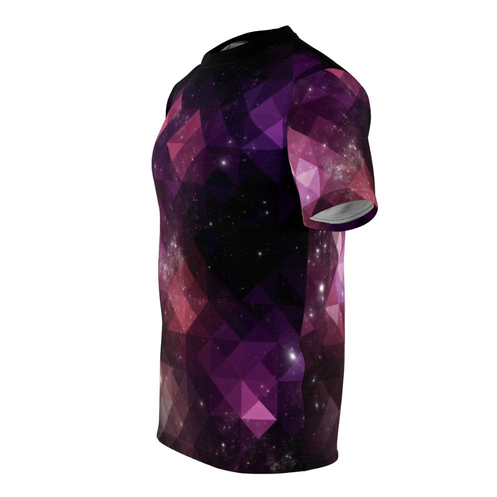 Geometric space-themed t-shirt with triangles, stars, and cosmic design - men left