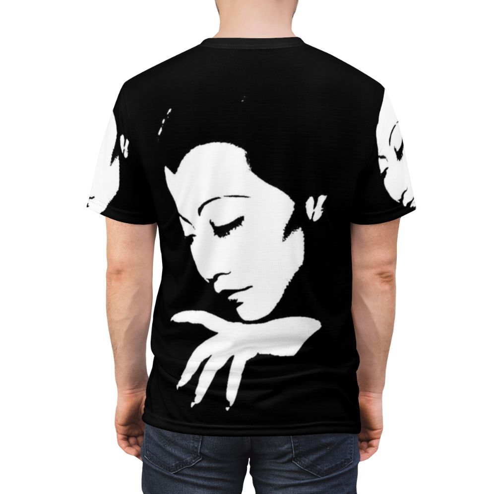 A black and white portrait of classic Hollywood actress Anna May Wong on a t-shirt - men back