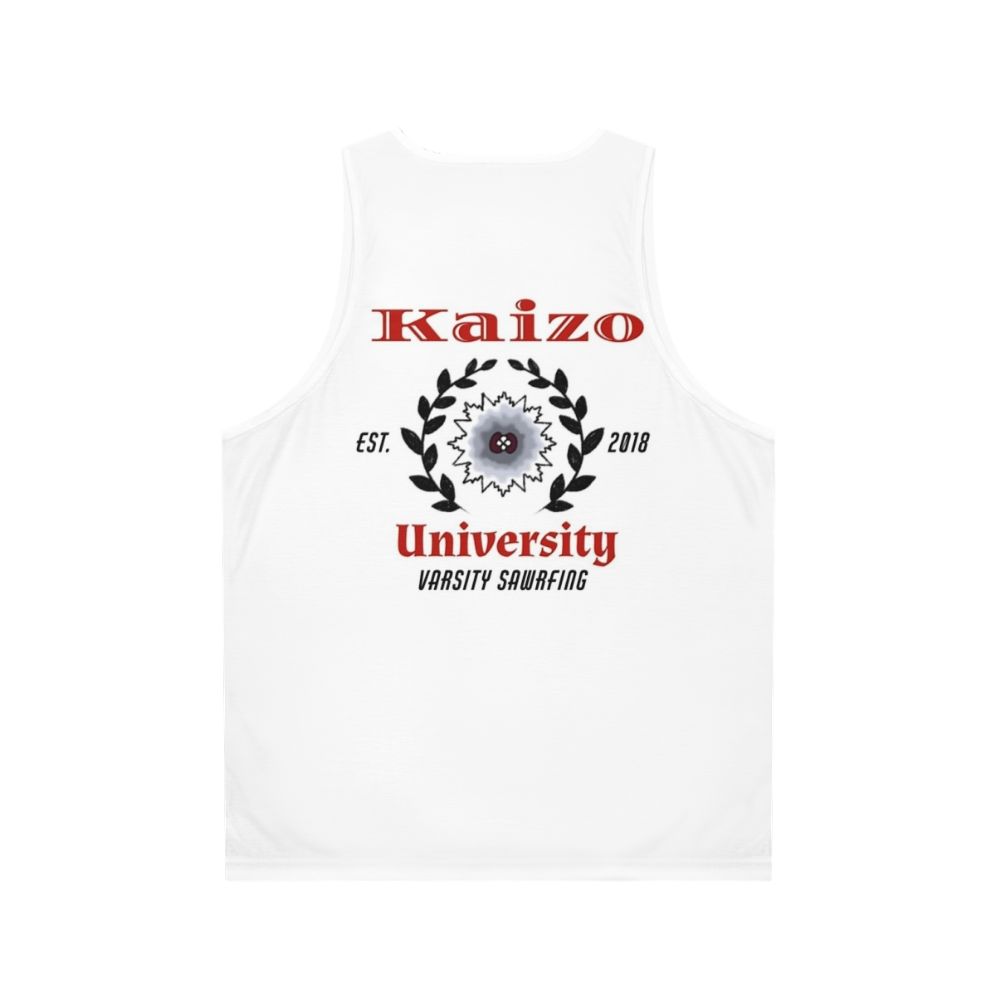 Varsity-style unisex tank top with sawrfing and saw blade design - Back