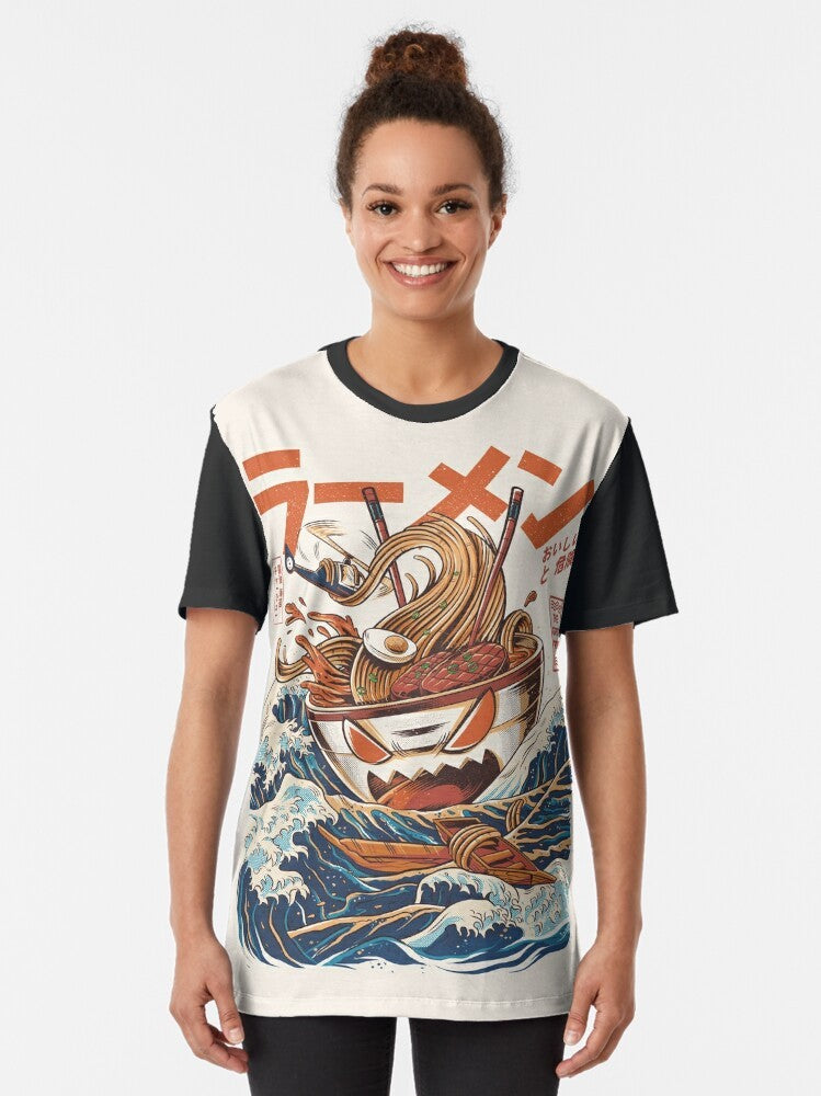 Anime-inspired graphic t-shirt with a retro kaiju wave and ramen bowl design - Women