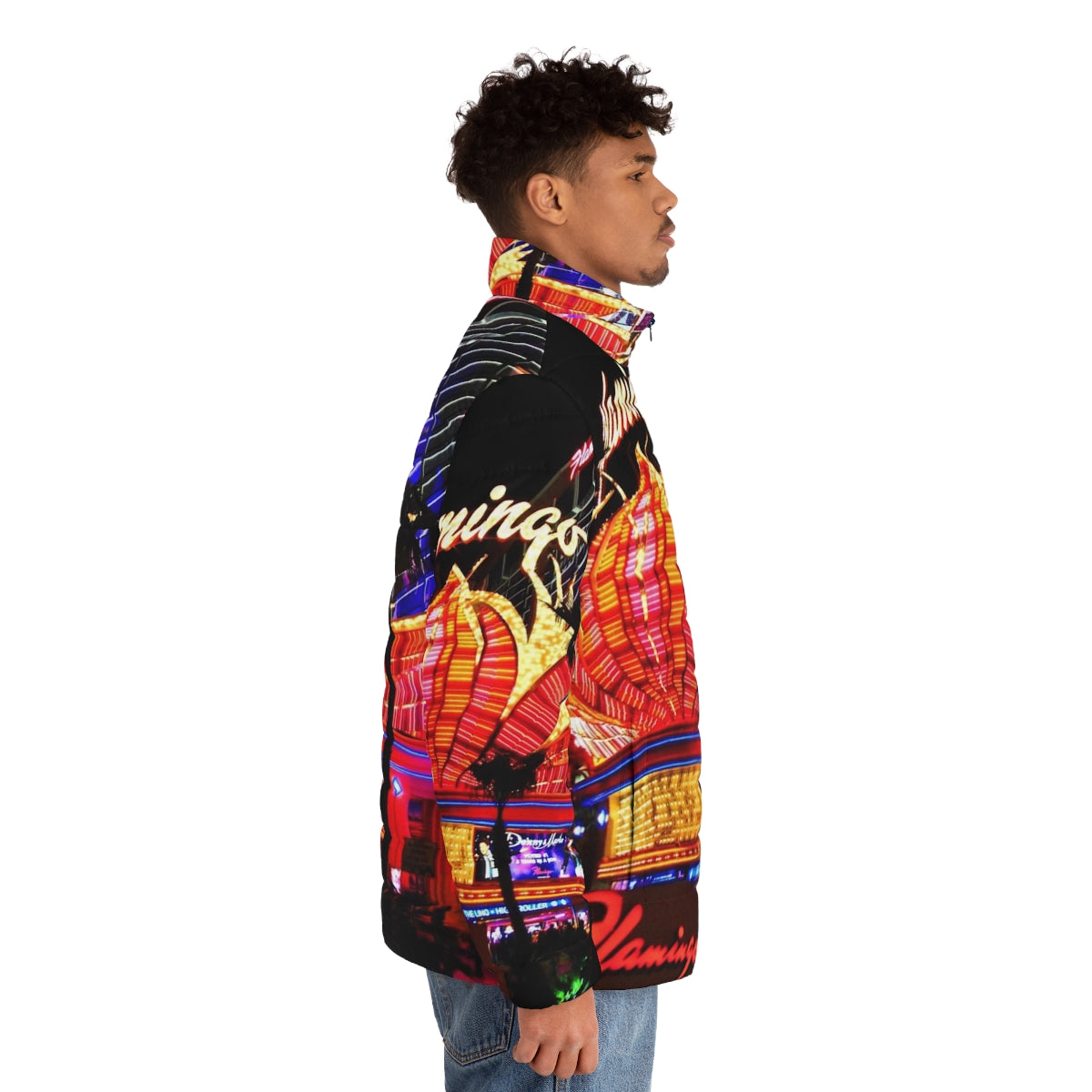 American puffer jacket featuring colorful Flamingo Las Vegas neon signs - men side right