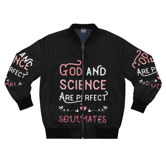 Christian bomber jacket with "Believe in Science and God" design