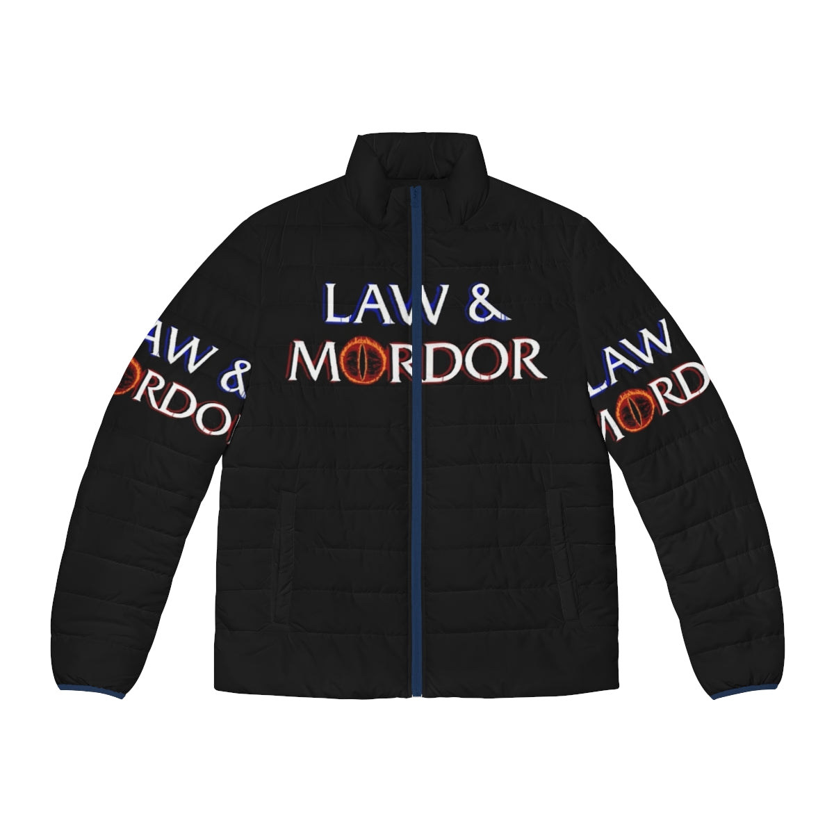 Model wearing a black puffer jacket with "Law and Mordor" design, inspired by the Lord of the Rings fantasy series