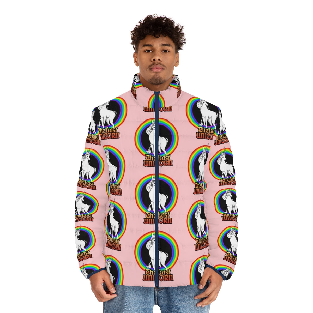 The Last Unicorn Rainbow Puffer Jacket featuring a magical mythical unicorn - men front