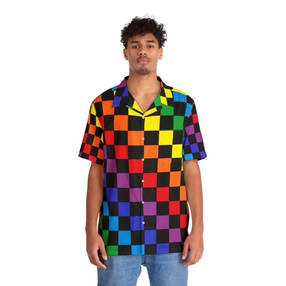 Checkered Rainbow Black Hawaiian Shirt - People Front