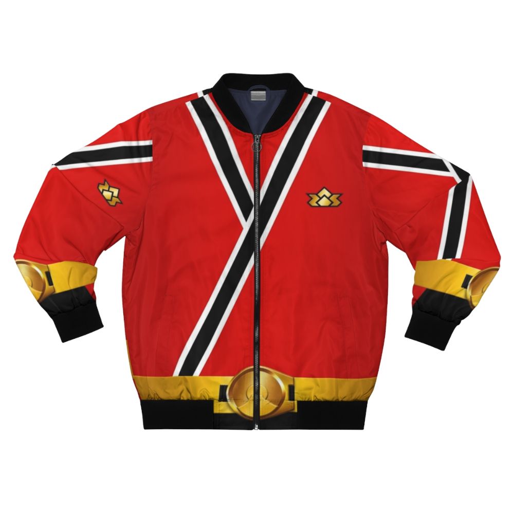 Stylish red bomber jacket with samurai and Japanese inspired design elements