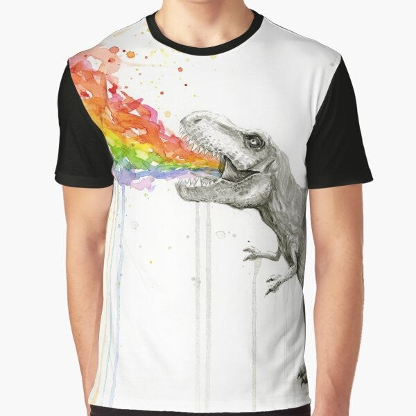 Whimsical watercolor illustration of a T-Rex dinosaur vomiting a colorful rainbow.