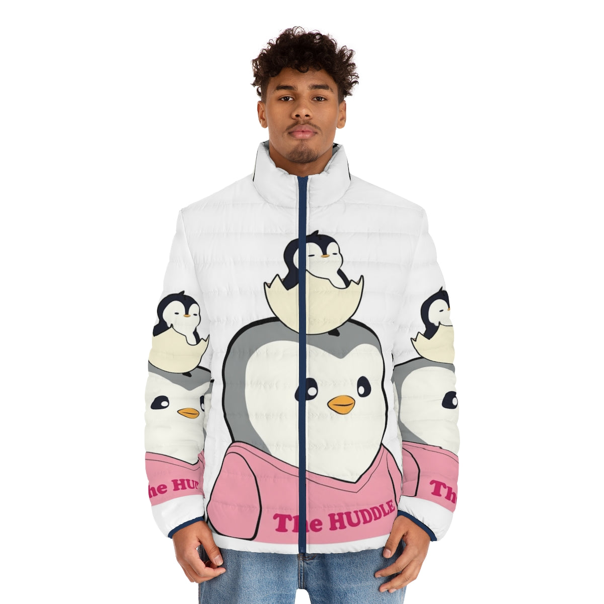 Cartoon Pudgy Penguin NFT Puffer Jacket with Cute Avatar Design - men front