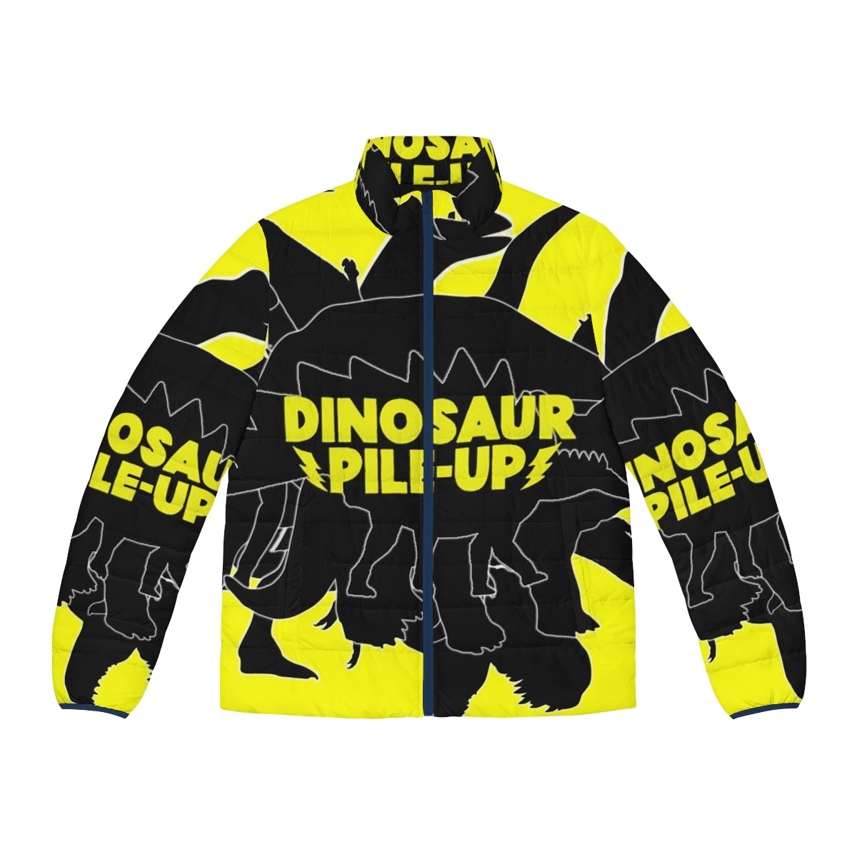 Dinosaur Pile Up Puffer Jacket featuring a dinosaur design for indie music fans