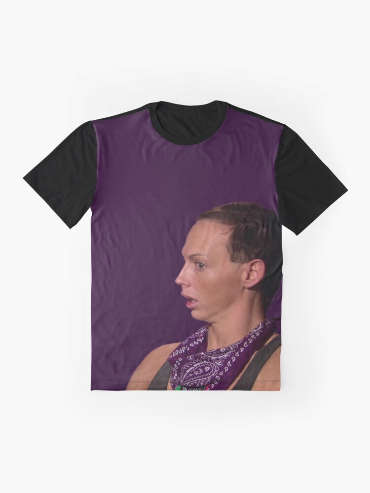 A graphic t-shirt featuring the text "BACK ROLLS?!" in a vaporwave-inspired design, with imagery representing the sad boys, cyberpunk, and drag queen aesthetics. - Flat lay