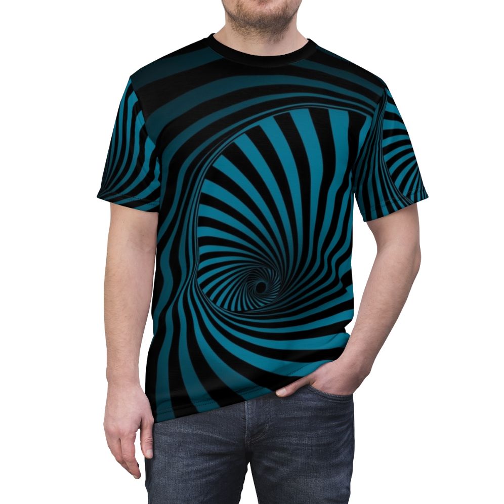 Swirling optical illusion t-shirt with a psychedelic abstract pattern design. - men front