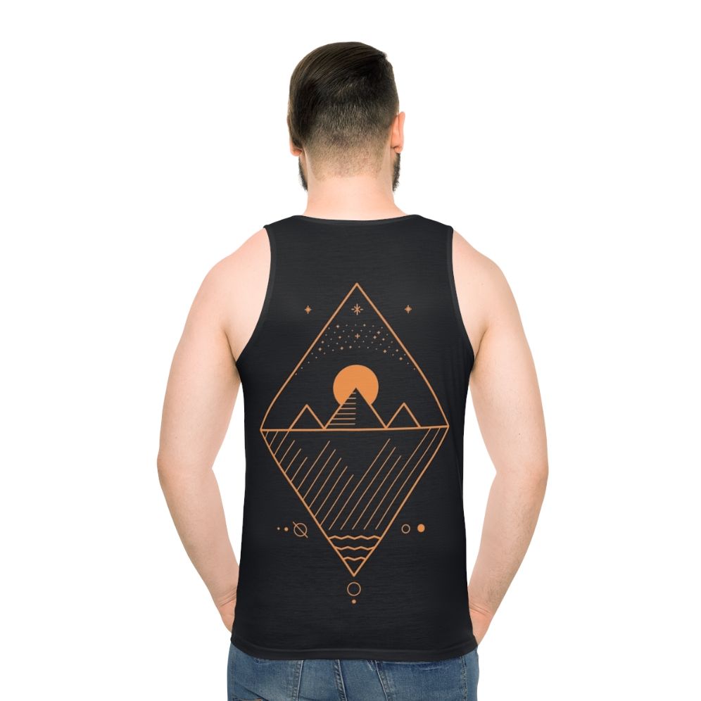 Minimalist sci-fi unisex tank top with geometric pattern - men back