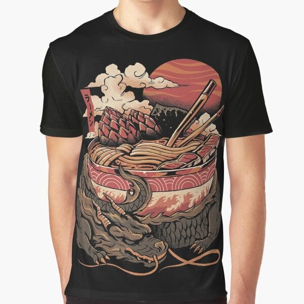 A graphic t-shirt featuring a dragon-inspired ramen bowl design, with Japanese kanji and a fiery, mythical creature.