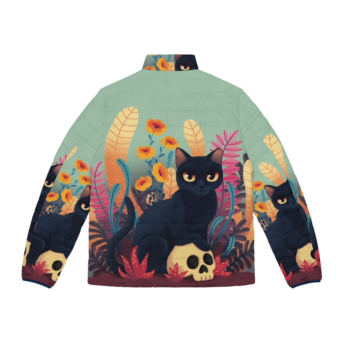 Skull Kitty Puffer Jacket with Floral and Autumn Motifs - Back