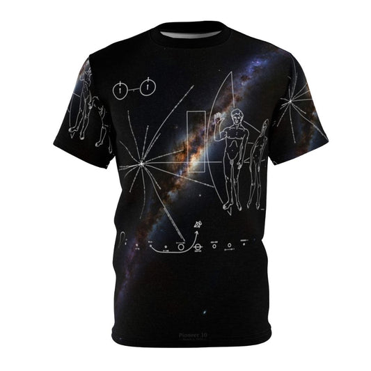 T-shirt featuring the Pioneer 10 plaque design and the Milky Way galaxy, representing deep space exploration and interstellar communication.