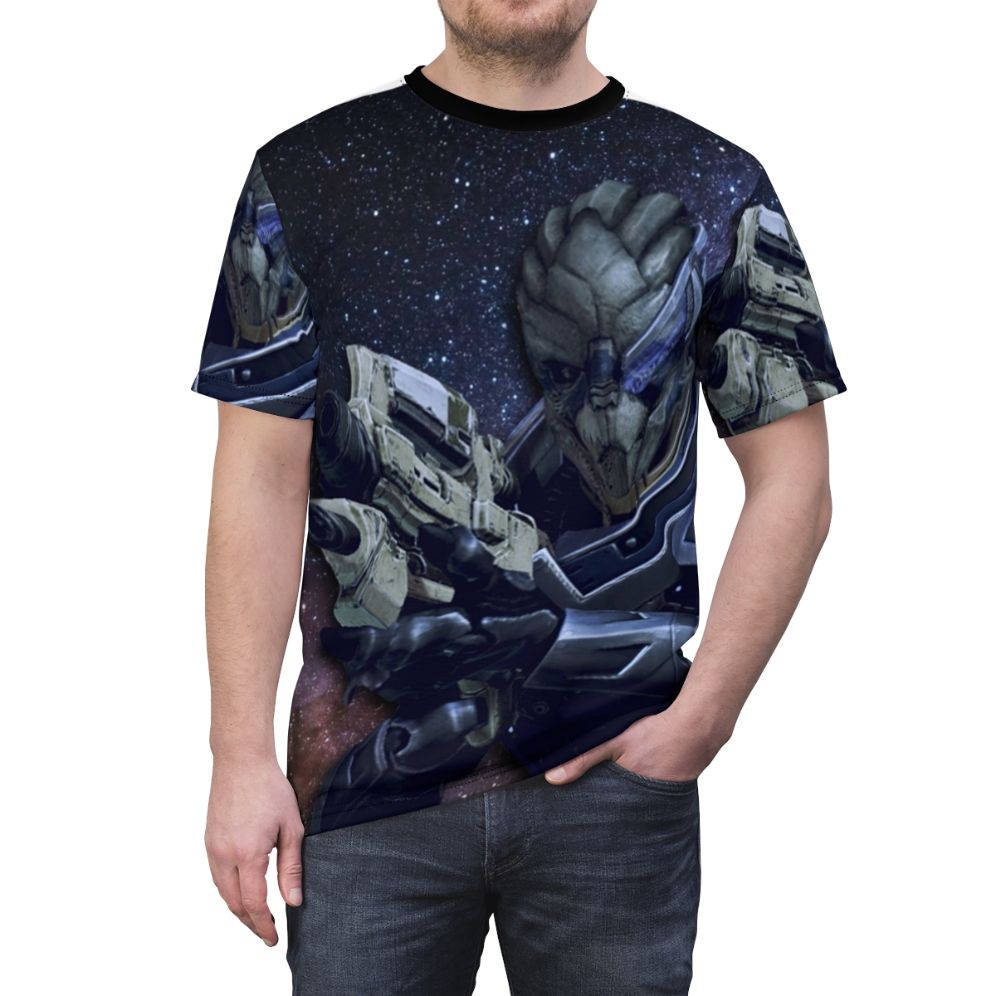 Garrus Vakarian, a popular alien character from the Mass Effect video game series, featured on a high-quality t-shirt design. - men front