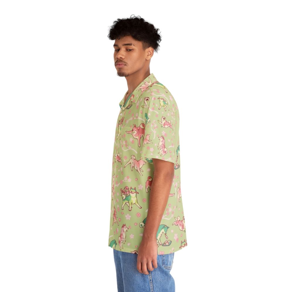 Shibakura Matchinu Matcha Green Hawaiian Shirt with Shiba Inu and Cherry Blossom Print - People Left