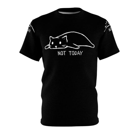 A graphic t-shirt featuring a lazy, sleepy cat with the text "Not Today" in a minimalist, black and white design.