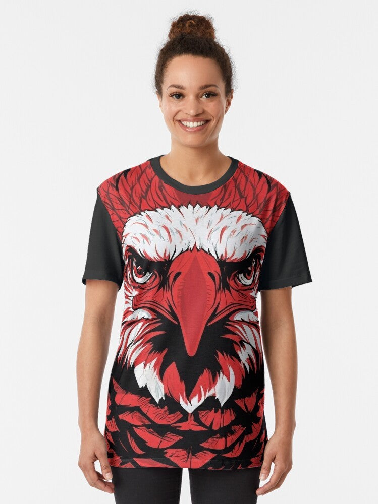 A vibrant graphic design featuring a majestic red eagle, a symbol of American patriotism and freedom. - Women