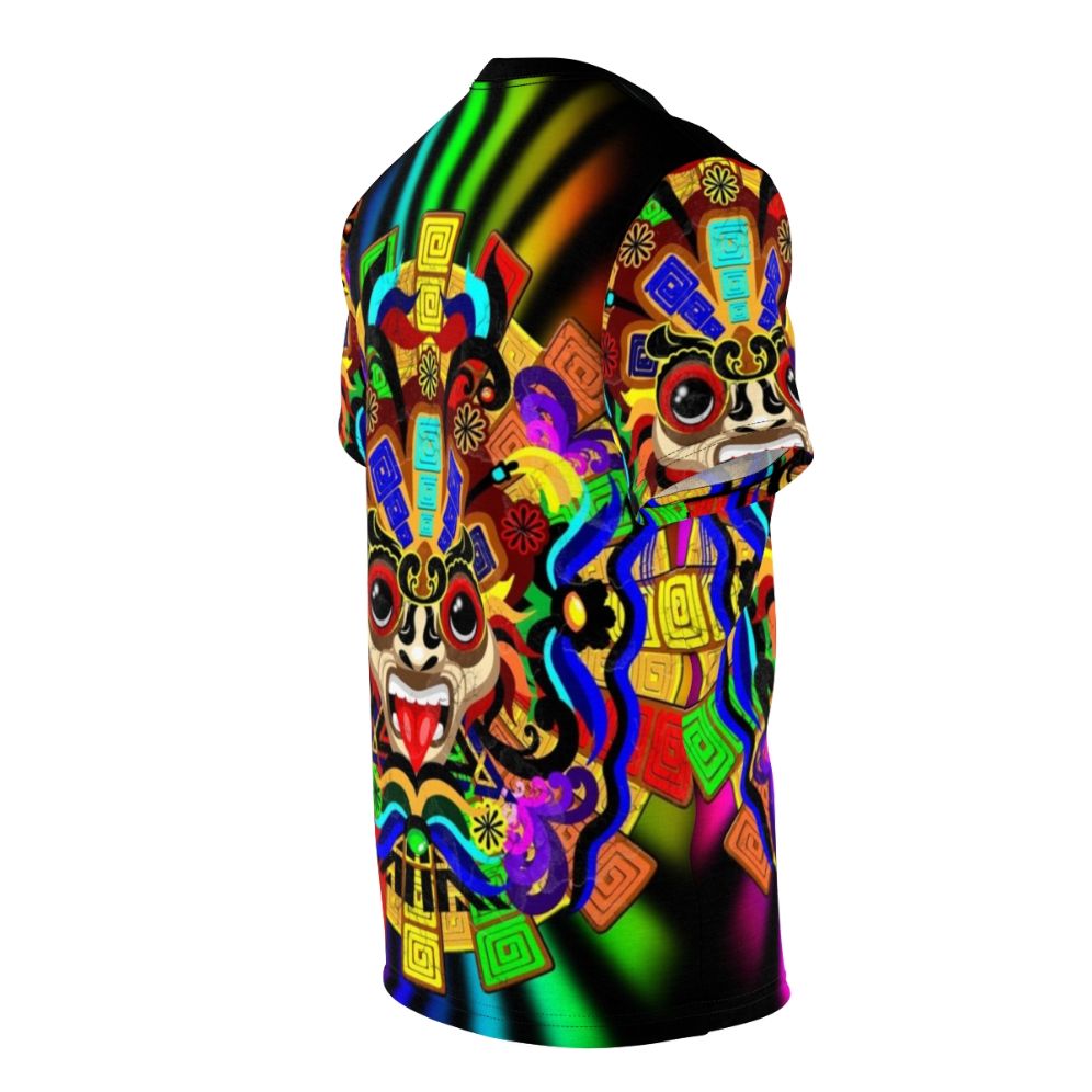 Colorful Aztec warrior mask design on a t-shirt - men right