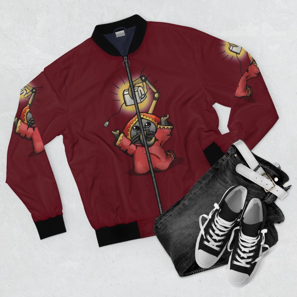 Toaster Priest Bomber Jacket with Warhammer 40k and Adeptus Mechanicus Inspired Design - Flat lay