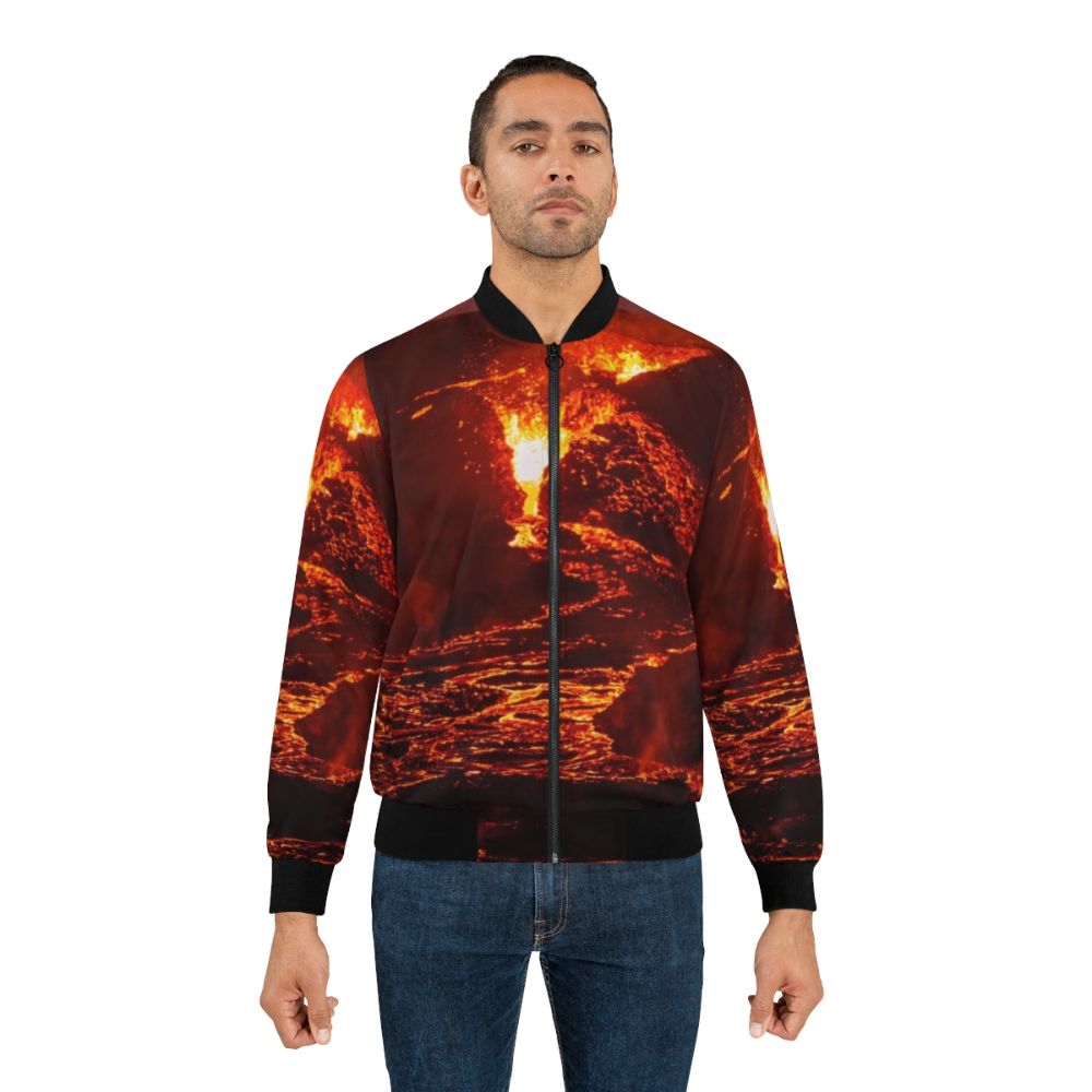 Lava Crater Flow at Night - Iceland Volcano April 20th 2021 Bomber Jacket featuring Iceland volcano lava flow - Lifestyle