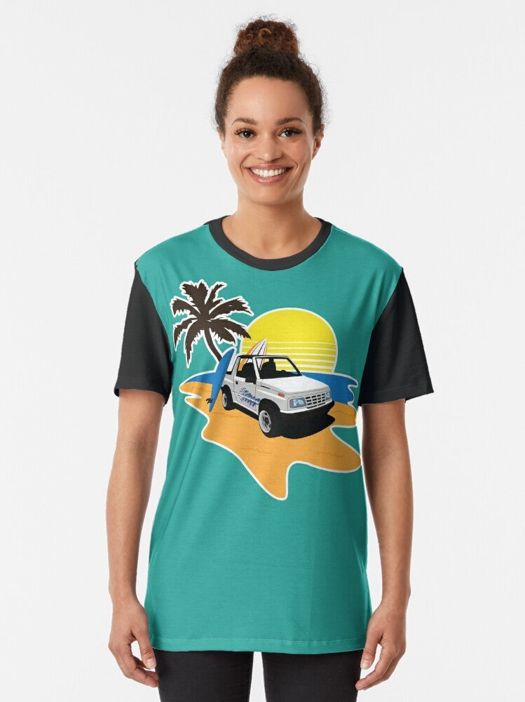 Stylish graphic t-shirt featuring a beach, geo tracker, and summer landscape design - Women