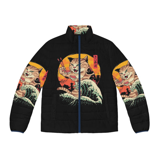 A puffer jacket featuring a cat and sushi design inspired by Hokusai's The Great Wave