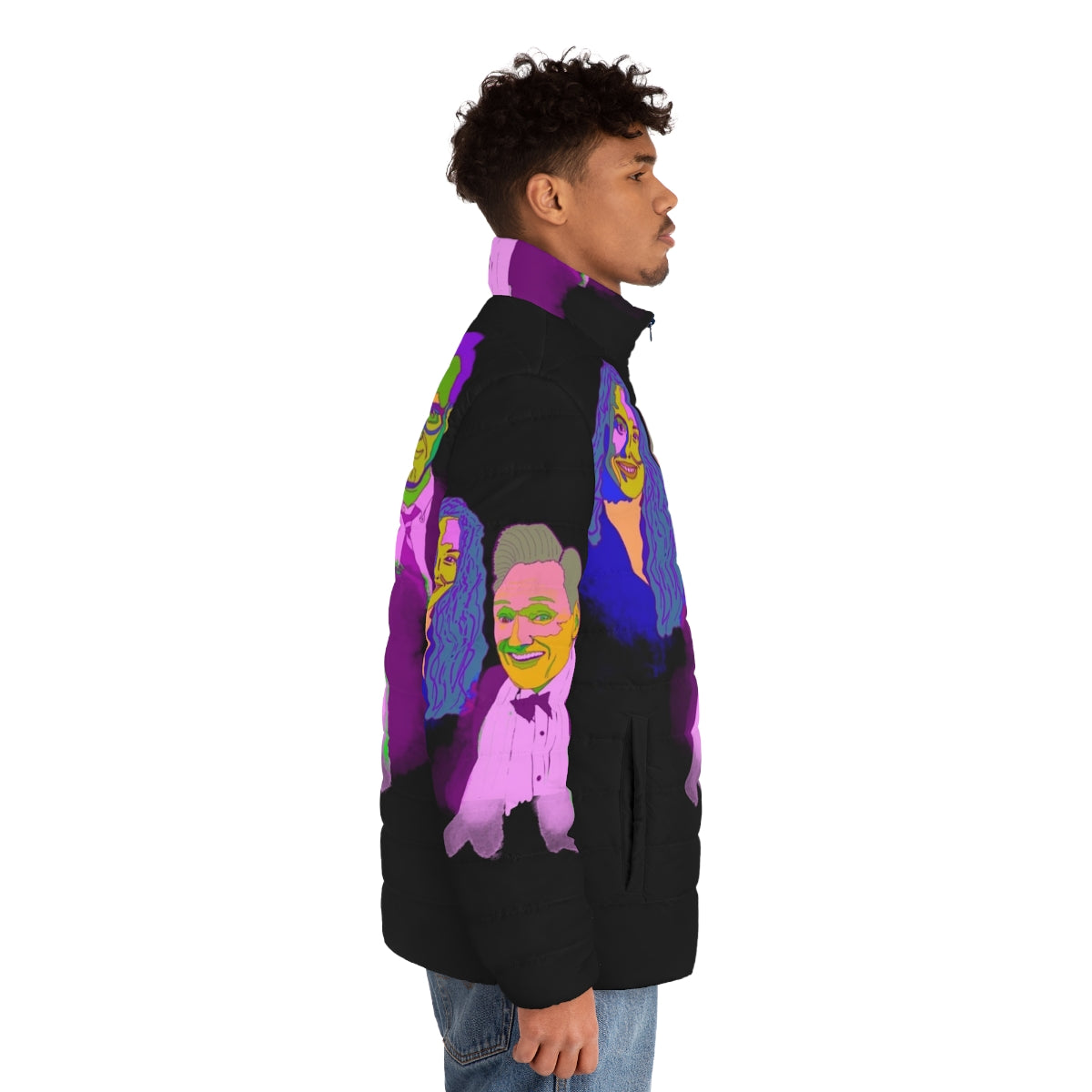 Vibrant abstract portrait of Conan O'Brien on a puffer jacket - men side right