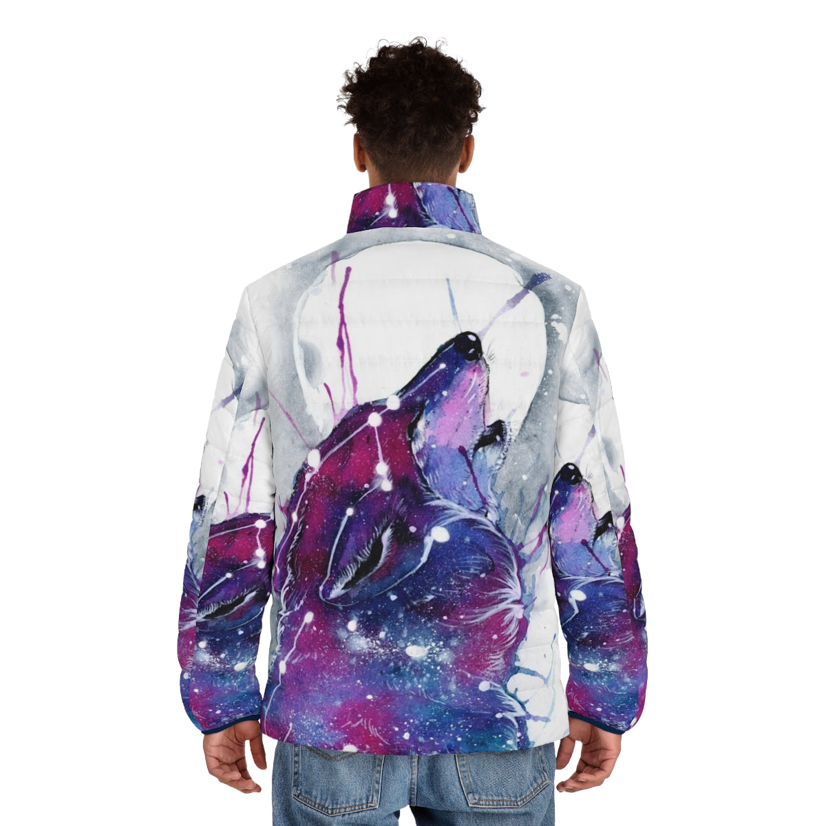 A galaxy-inspired puffer jacket with a wolf design, perfect for cosmic and celestial adventures. - men back