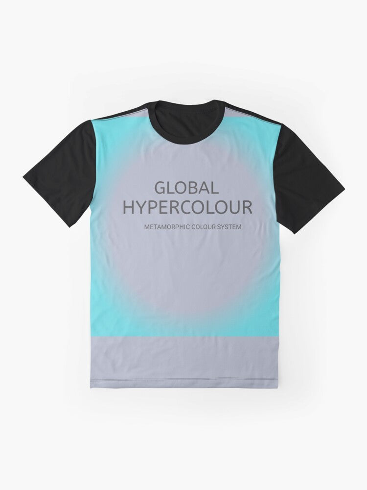 Vibrant and colorful graphic t-shirt with global hypercolor design - Flat lay