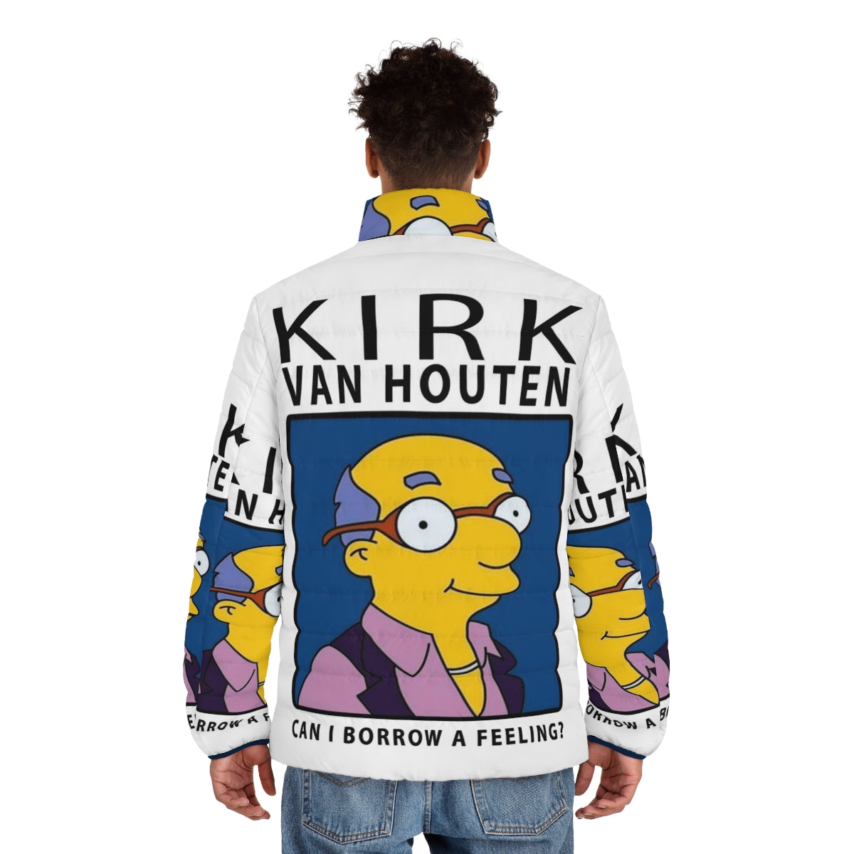 A puffer jacket featuring the iconic "Borrow a Feeling" quote from The Simpsons character Kirk Van Houten. - men back