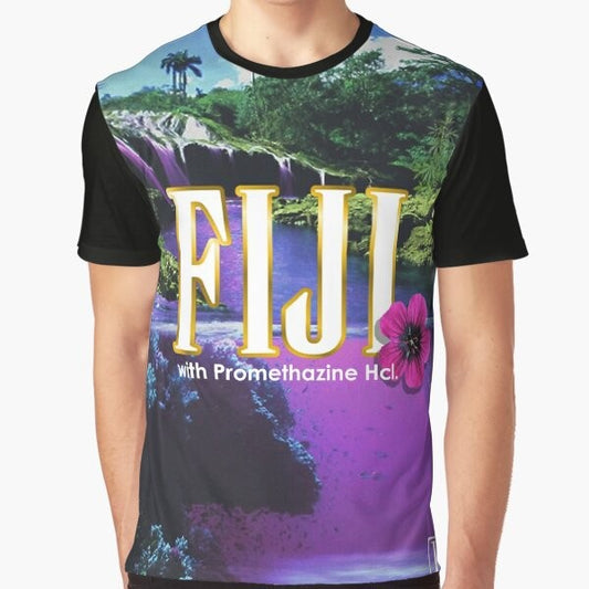 Vaporwave-inspired purple graphic t-shirt featuring a landscape design