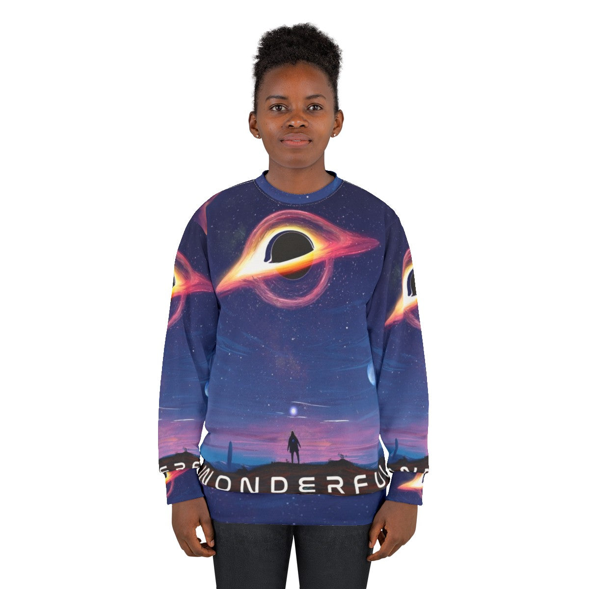 Wonderful person sweatshirt with motivational astronomy and black hole design - women