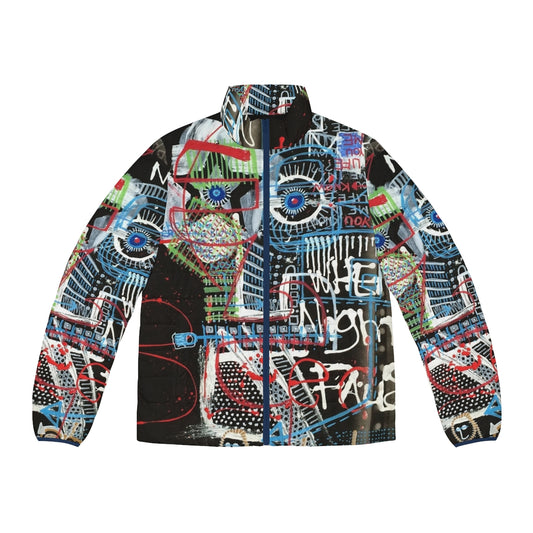 Contemplative puffer jacket with abstract neo-expressionist art by Mijumi