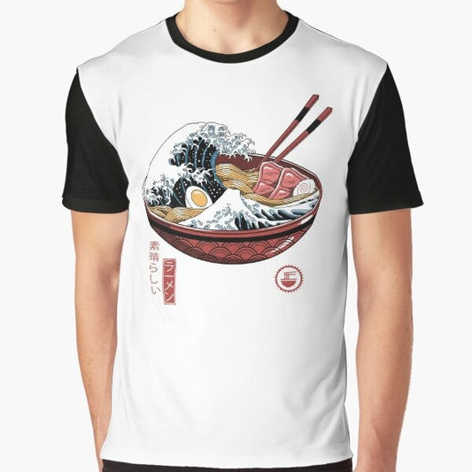 Graphic t-shirt featuring the iconic "The Great Wave off Kanagawa" design with ramen elements, perfect for ramen enthusiasts.