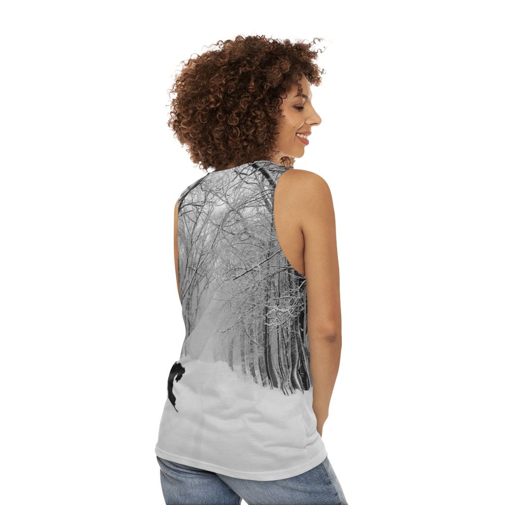 Joni Mitchell inspired unisex black crow graphic tank top - women back