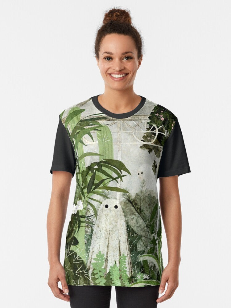 Vintage-style graphic t-shirt with a ghost in a greenhouse surrounded by nature and plants - Women