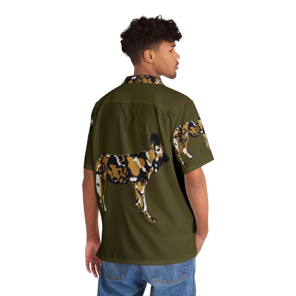 African Painted Dog Portrait on Hawaiian Shirt - Flat lay