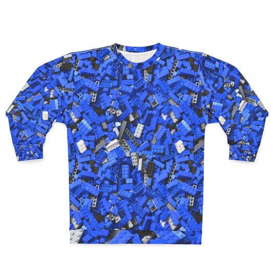 Blue sweatshirt with a vibrant, repeating brick pattern design